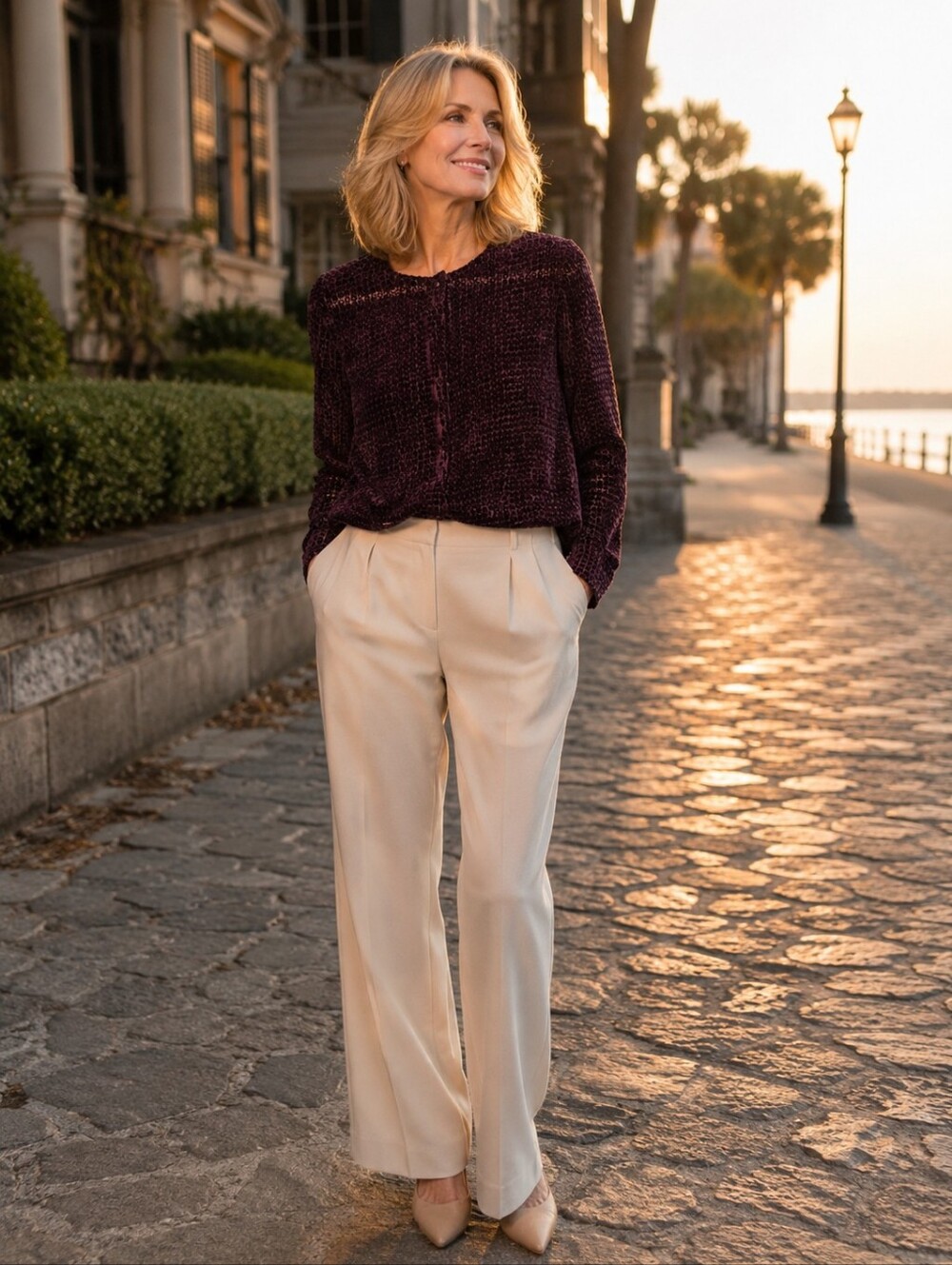 Eileen Fisher Wine Textured Burnout Velvet One Buttton Blouse